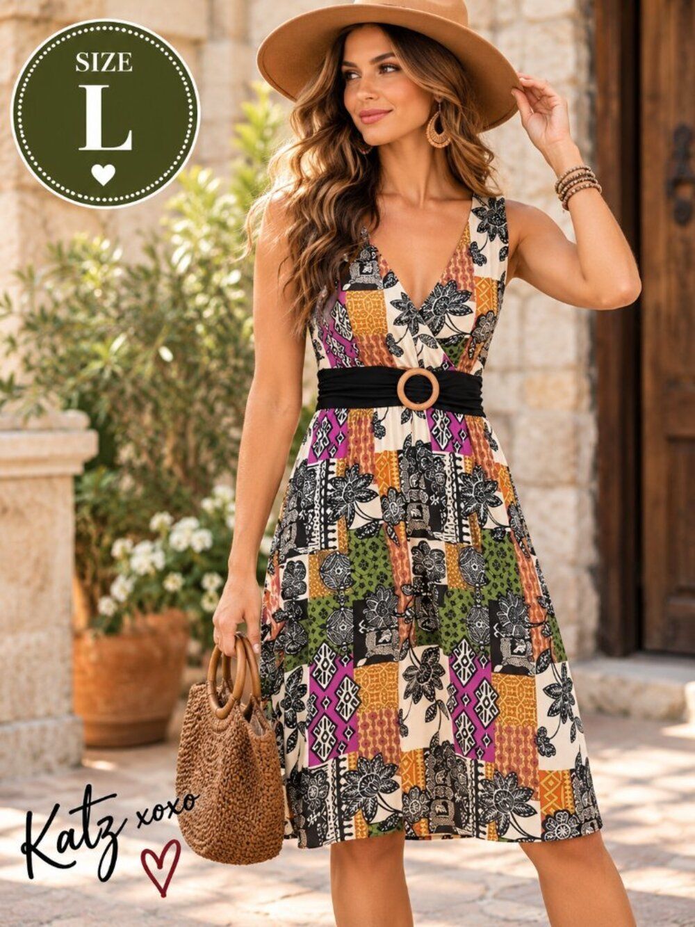 Boho Patchwork Floral Geometric Dress L Surplice Fit Flare Fall Knee Length Midi